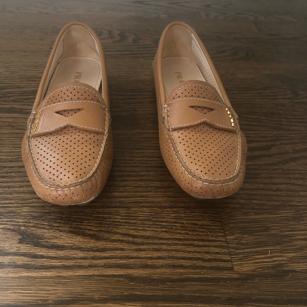 Prada tan leather moccasin loafers